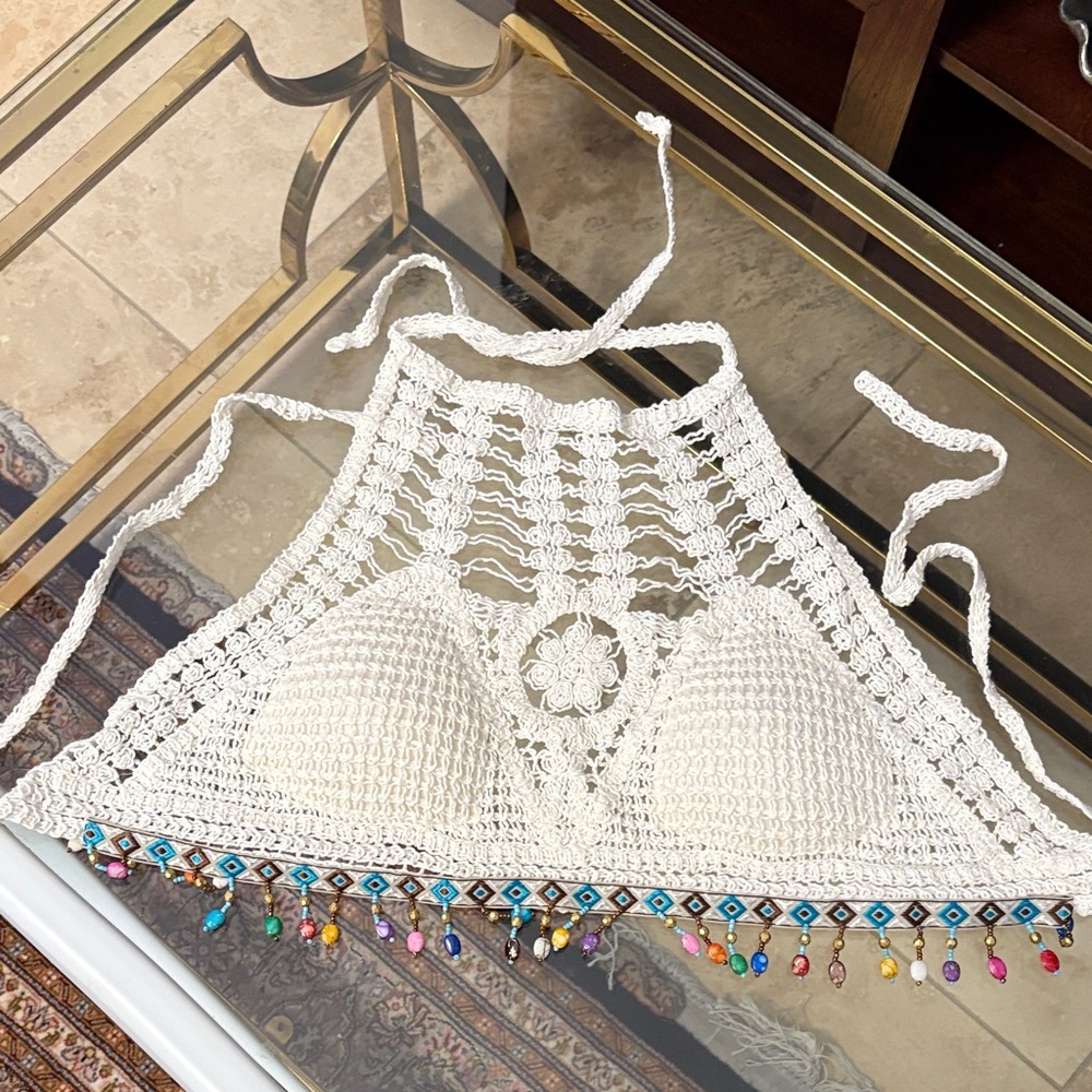 Handcrafted Crochet Halter Top with Beaded Fringe - Cream